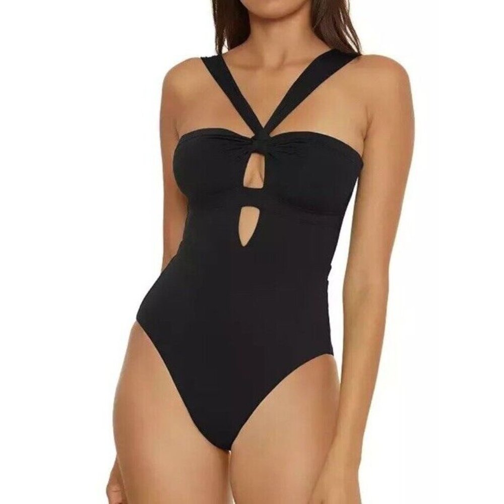 Becca Sz M Swimsuit Rylie Convertible Bandeau One Piece Black Beach Resort New。